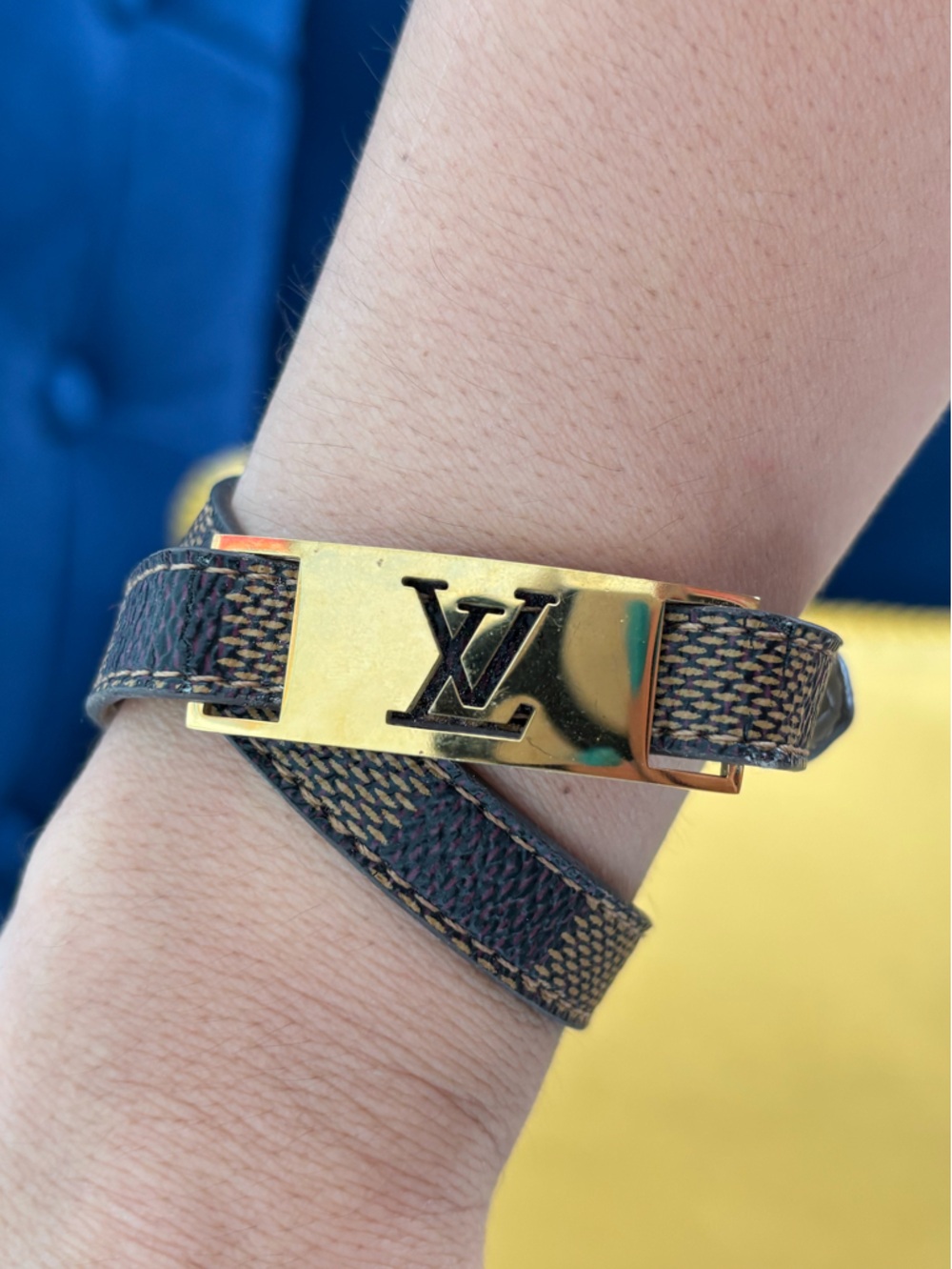 Brown Monogram Double Wrap Bracelet with Gold Plaque